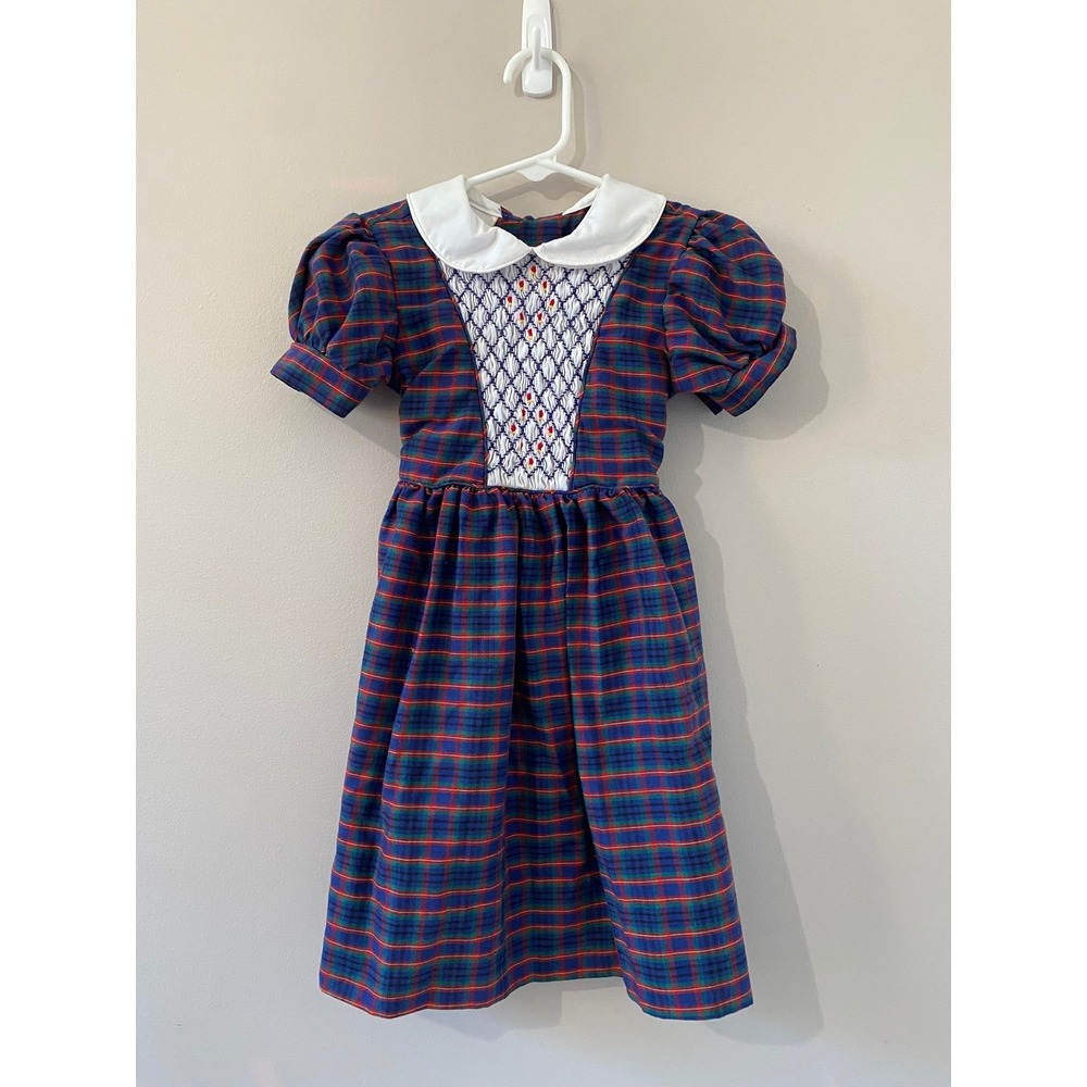 Polly Flanders Vintage‎ Hand Smocked Dress Size 6 Plaid White Collar Button Back